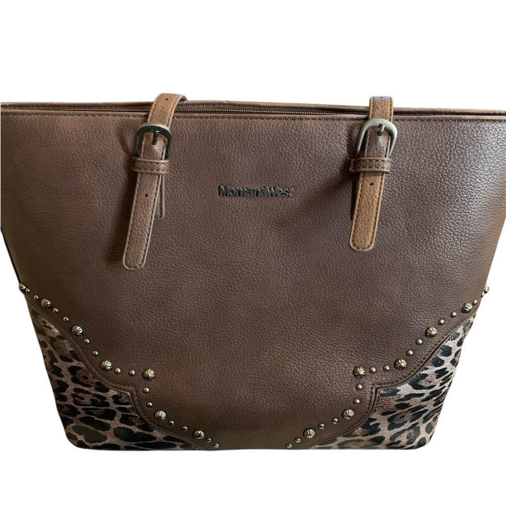 Montana West Brown Tote with Leopard Accents with Mini Clutch Included
